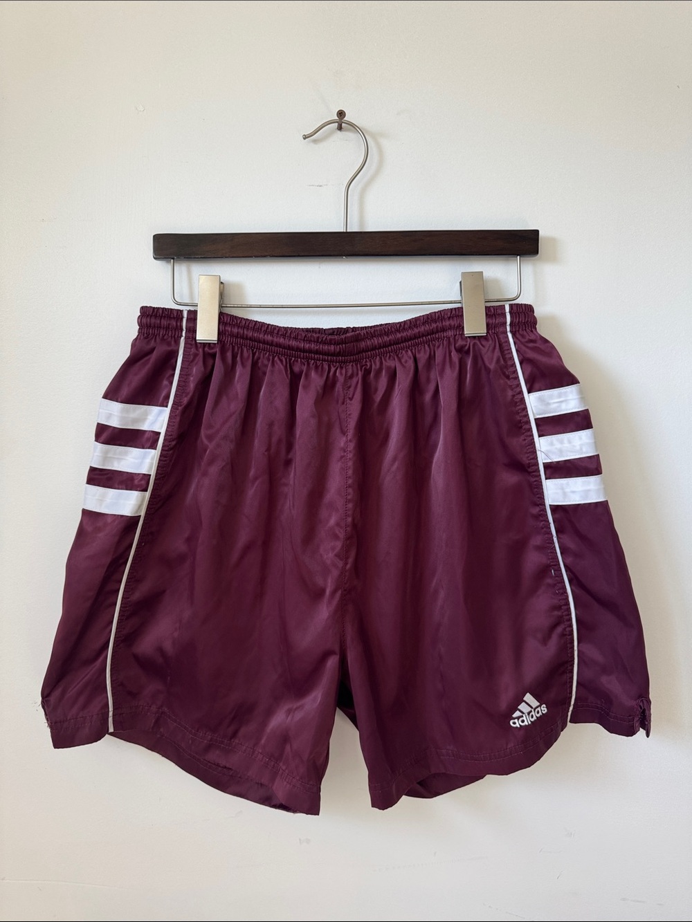 Adidas Men's Maroon Athletic Shorts with White Stripes